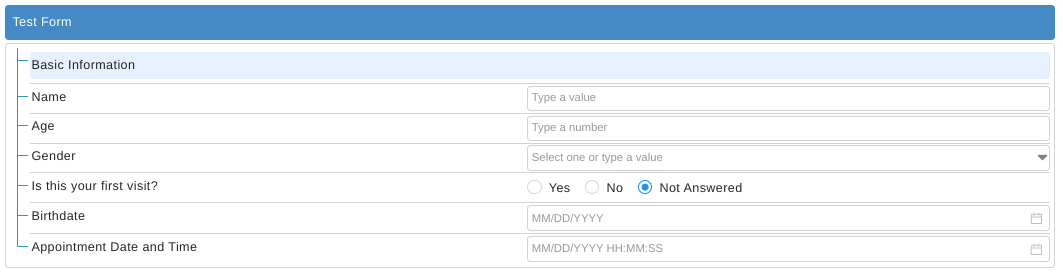 A sample questionnaire that uses input types such as text, integer, date and datetime